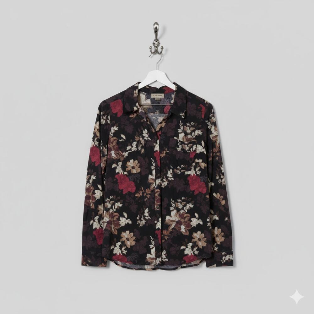 Loft Medium Black Floral Button-Up Semi-Sheer Blouse Long Sleeve
